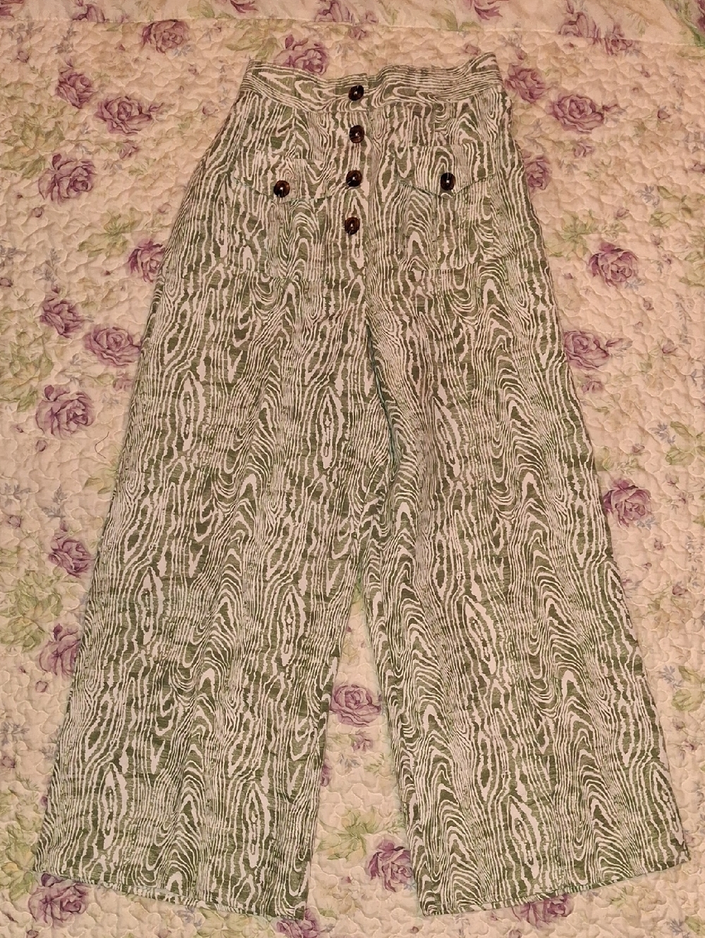 C/MEO Collective Green & White Patterned Wide-Leg Pants